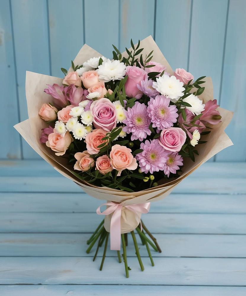 Букет цветов из: Хризантемы, Розы и Альстромерии в Сосновке